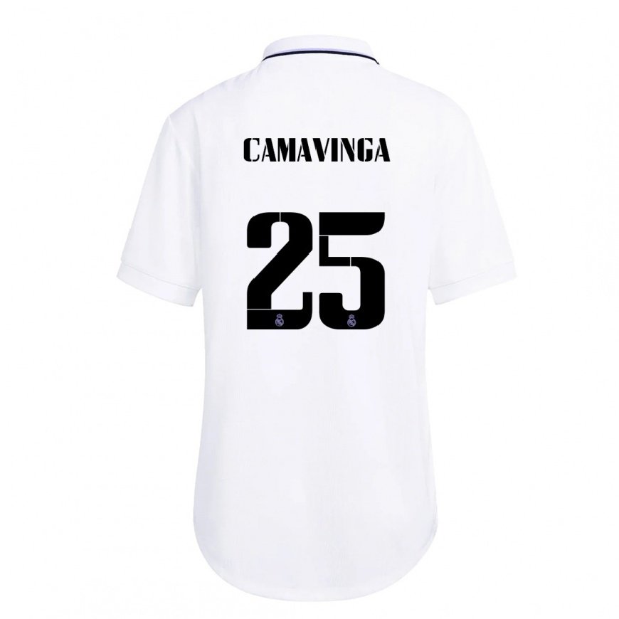 Kandiny Hombre Camiseta Eduardo Camavinga #25 Blanco Púrpura 1ª Equipación 2022/23 La Camisa Chile