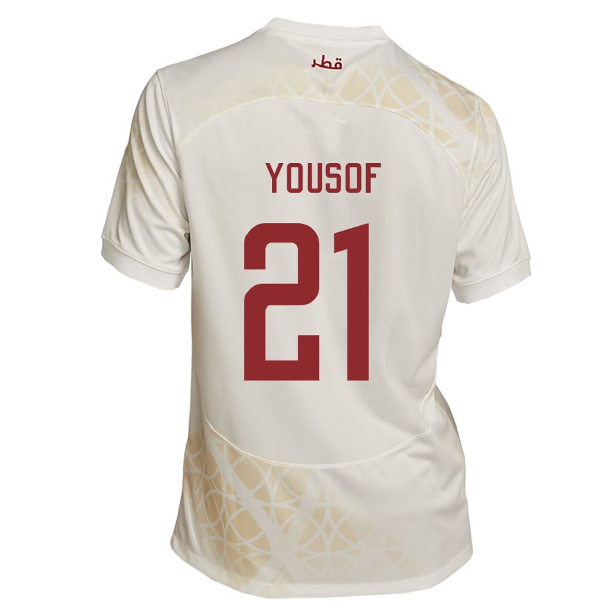 Kandiny Niño Camiseta Catar Yousof Hassan #21 Beis Dorado 2ª Equipación 22-24 La Camisa Chile