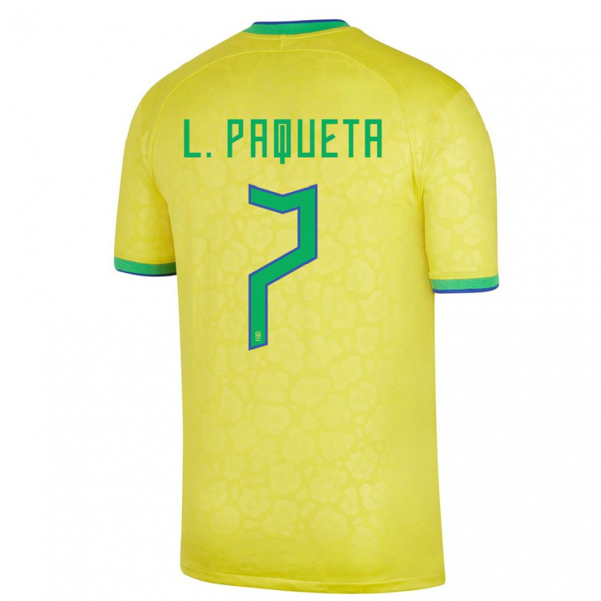 Kandiny Hombre Camiseta Brasil Lucas Paqueta #7 Amarillo 1ª Equipación 22-24 La Camisa Chile