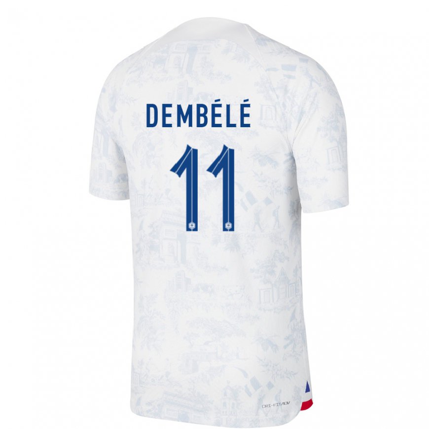 Kandiny Hombre Camiseta Francia Ousmane Dembele #11 Blanco Azul 2ª Equipación 22-24 La Camisa Chile