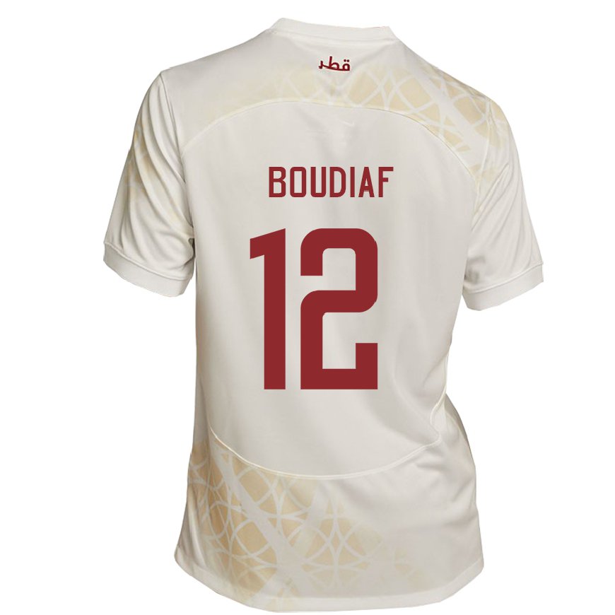 Kandiny Hombre Camiseta Catar Karim Boudiaf #12 Beis Dorado 2ª Equipación 22-24 La Camisa Chile