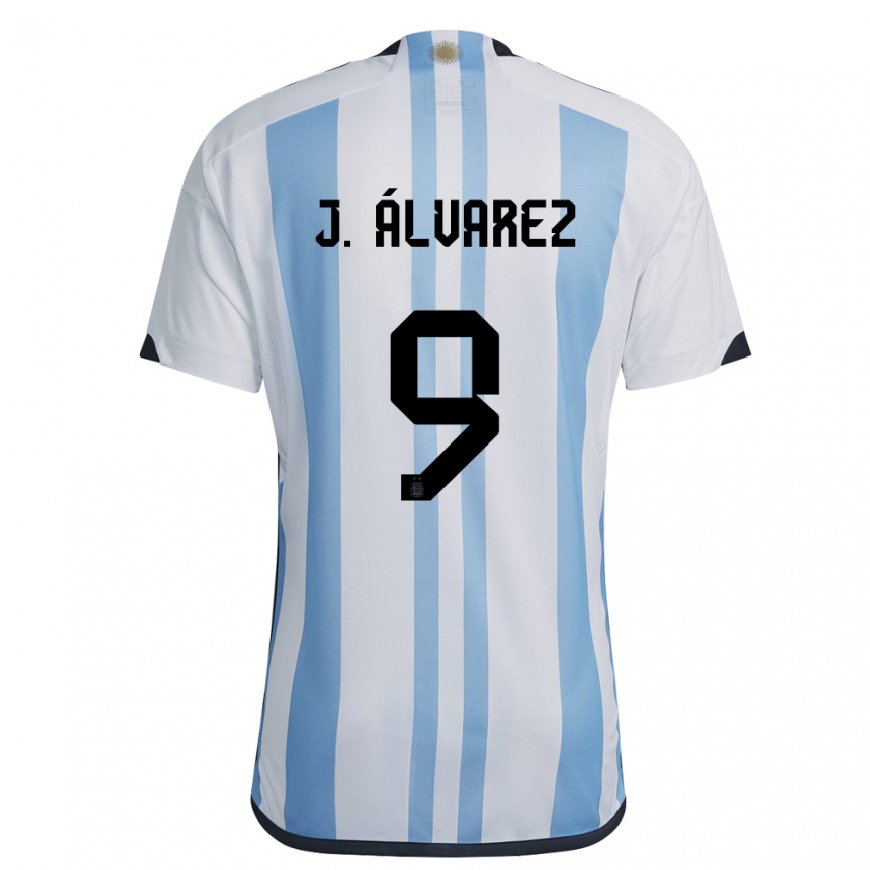 Kandiny Mujer Camiseta Argentina Julian Alvarez #9 Blanco Cielo Azul 1ª Equipación 22-24 La Camisa Chile