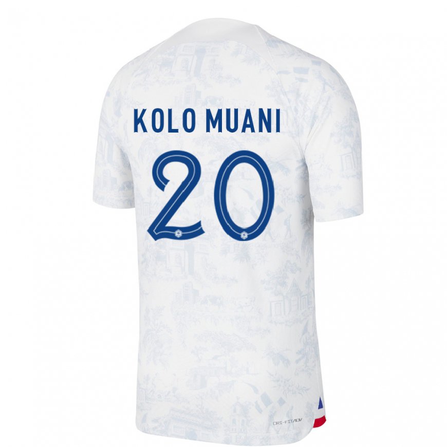 Kandiny Mujer Camiseta Francia Randal Kolo Muani #20 Blanco Azul 2ª Equipación 22-24 La Camisa Chile