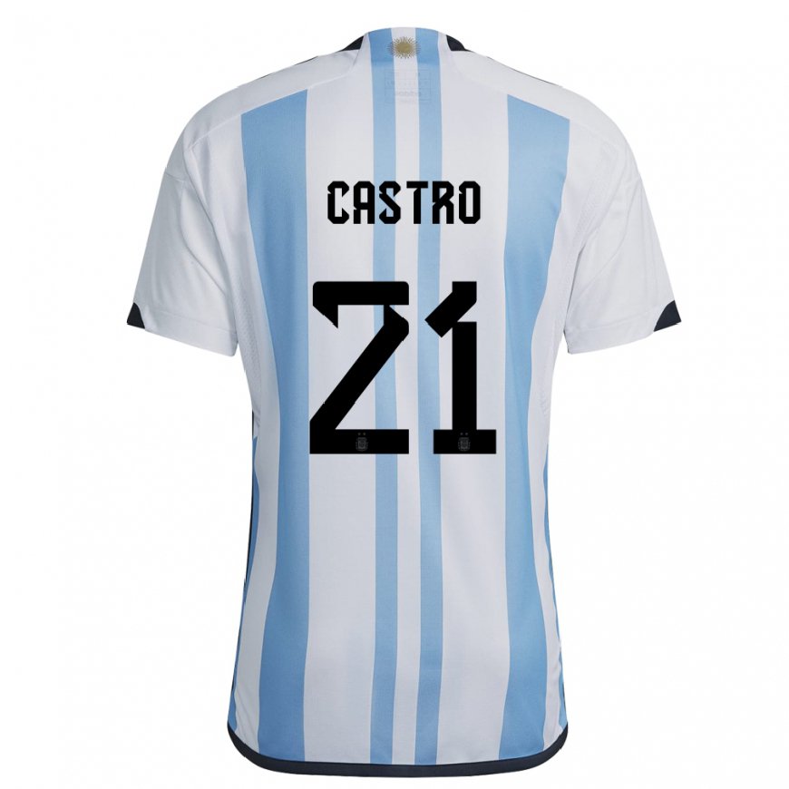 Kandiny Niño Camiseta Argentina Santiago Castro #21 Blanco Cielo Azul 1ª Equipación 22-24 La Camisa Chile