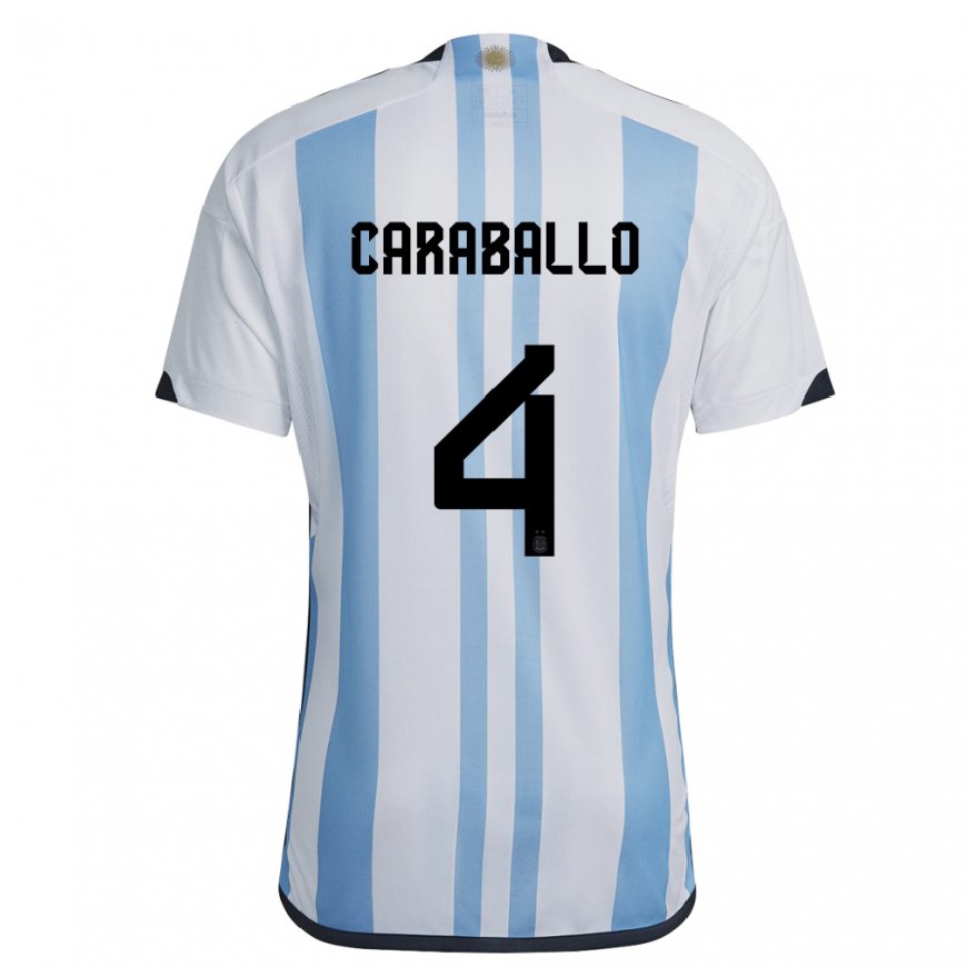 Kandiny Hombre Camiseta Argentina Brian Caraballo #4 Blanco Cielo Azul 1ª Equipación 22-24 La Camisa Chile