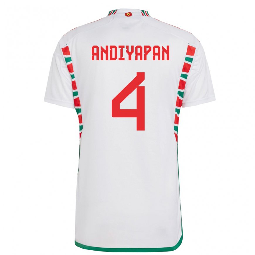 Kandiny Hombre Camiseta Gales William Andiyapan #4 Blanco 2ª Equipación 22-24 La Camisa Chile