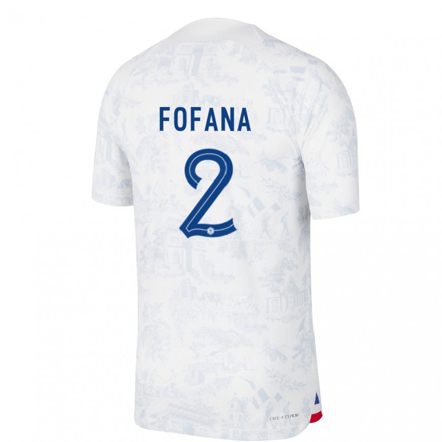 Kandiny Mujer Camiseta Francia Wesley Fofana #2 Blanco Azul 2ª Equipación 22-24 La Camisa Chile