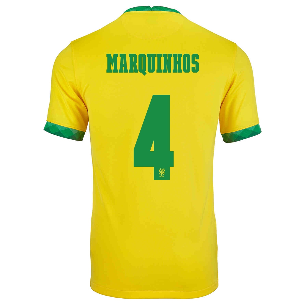 Mujer Selección De Fútbol De Brasil Camiseta Marquinhos #4 1ª Equipación Amarillo 2021 Chile