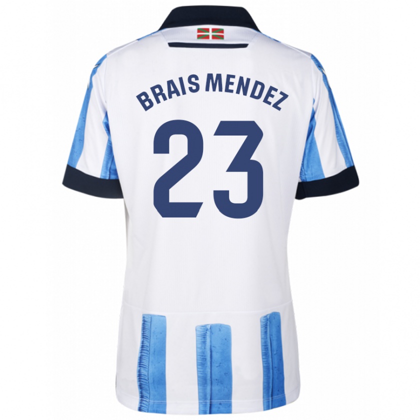 Kandiny Hombre Camiseta Brais Méndez #23 Azul Blanco 1ª Equipación 2023/24 La Camisa Chile
