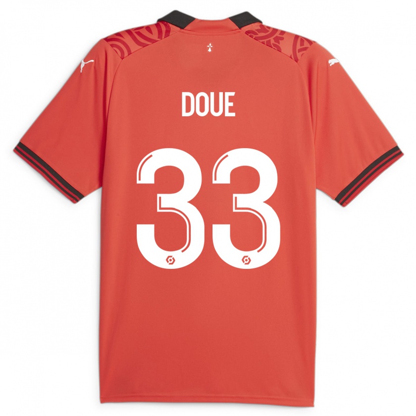 Kandiny Mujer Camiseta Désiré Doué #33 Rojo 1ª Equipación 2023/24 La Camisa Chile