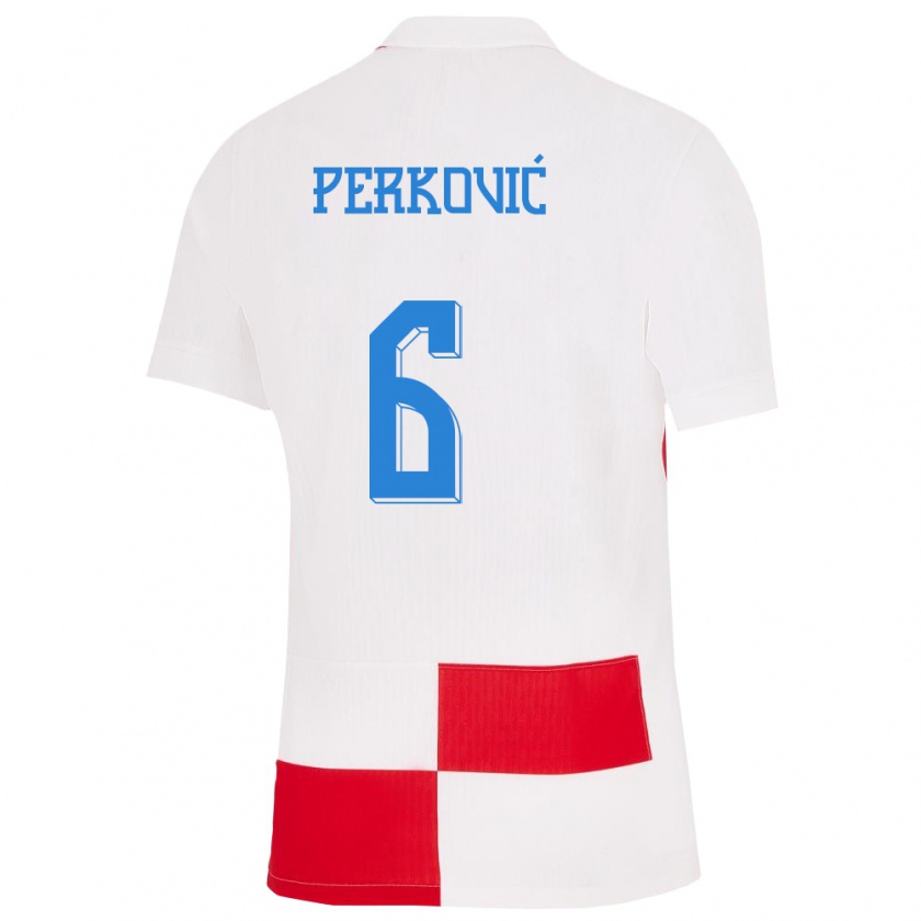 Kandiny Hombre Camiseta Croacia Mauro Perkovic #6 Blanco Rojo 1ª Equipación 24-26 La Camisa Chile