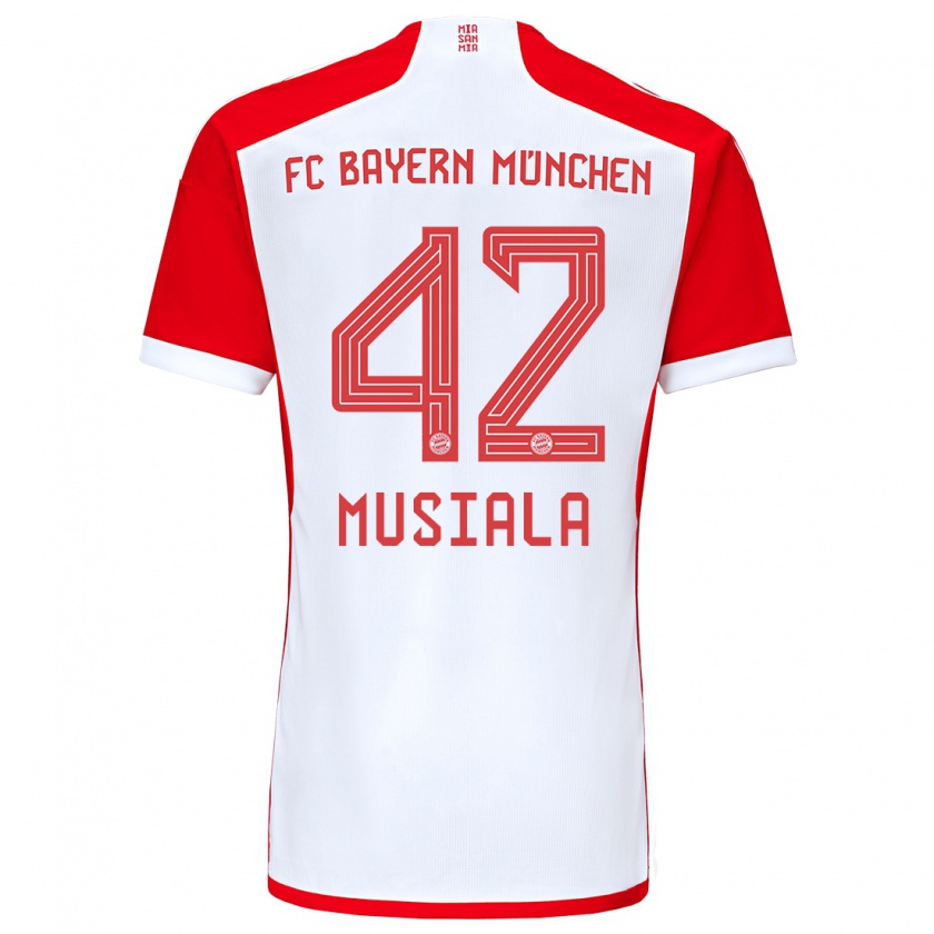 Kandiny Mujer Camiseta Jamal Musiala #42 Rojo Blanco 1ª Equipación 2023/24 La Camisa Chile
