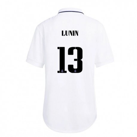 Kandiny Niño Camiseta Andriy Lunin #13 Blanco Púrpura 1ª Equipación 2022/23 La Camisa Chile