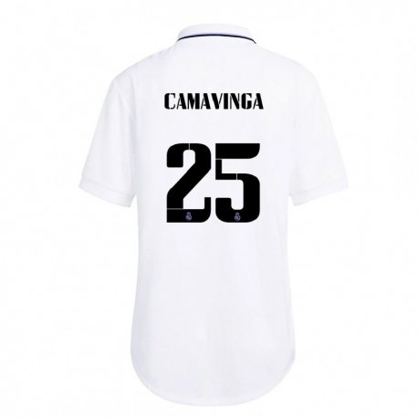 Kandiny Niño Camiseta Eduardo Camavinga #25 Blanco Púrpura 1ª Equipación 2022/23 La Camisa Chile