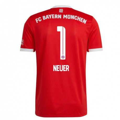 Kandiny Niño Camiseta Manuel Neuer #1 Neon Rojo Blanco 1ª Equipación 2022/23 La Camisa Chile