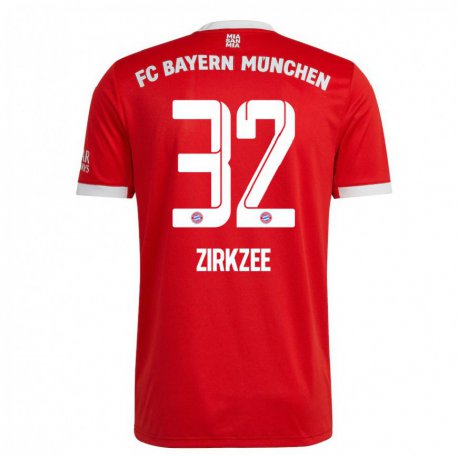Kandiny Niño Camiseta Joshua Zirkzee #32 Neon Rojo Blanco 1ª Equipación 2022/23 La Camisa Chile