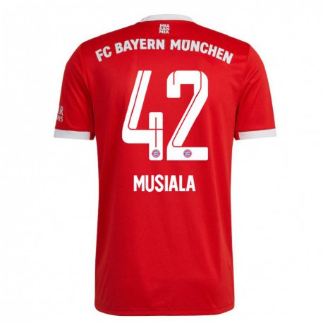 Kandiny Niño Camiseta Jamal Musiala #42 Neon Rojo Blanco 1ª Equipación 2022/23 La Camisa Chile