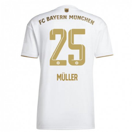 Kandiny Niño Camiseta Thomas Muller #25 Oro Blanco 2ª Equipación 2022/23 La Camisa Chile