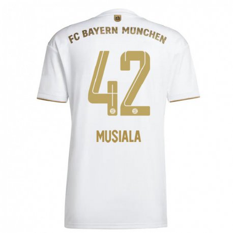Kandiny Niño Camiseta Jamal Musiala #42 Oro Blanco 2ª Equipación 2022/23 La Camisa Chile