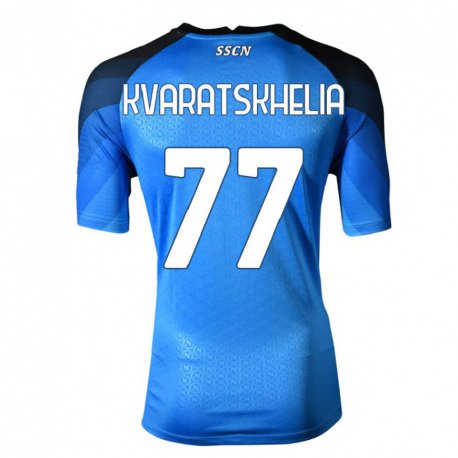 Kandiny Hombre Camiseta Khvicha Kvaratskhelia #77 Azul Oscuro Gris 1ª Equipación 2022/23 La Camisa Chile