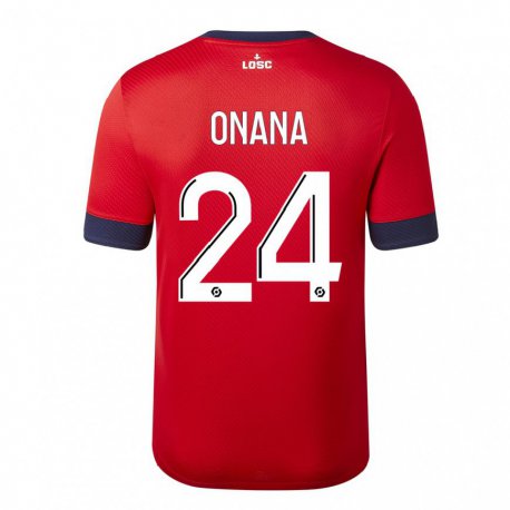 Kandiny Hombre Camiseta Amadou Onana #24 Manzana De Caramelo Roja 1ª Equipación 2022/23 La Camisa Chile