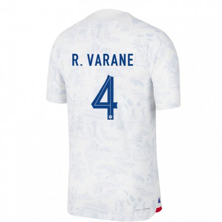 Kandiny Niño Camiseta Francia Raphael Varane #4 Blanco Azul 2ª Equipación 22-24 La Camisa Chile