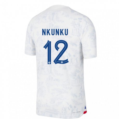 Kandiny Niño Camiseta Francia Christopher Nkunku #12 Blanco Azul 2ª Equipación 22-24 La Camisa Chile
