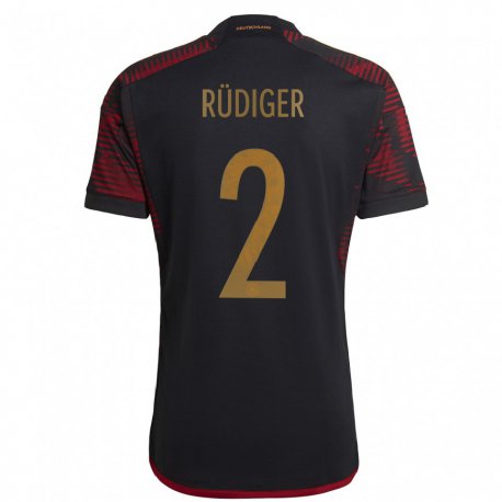 Kandiny Niño Camiseta Alemania Antonio Rudiger #2 Granate Negro 2ª Equipación 22-24 La Camisa Chile