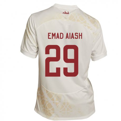 Kandiny Niño Camiseta Catar Mohamed Emad Aiash #29 Beis Dorado 2ª Equipación 22-24 La Camisa Chile