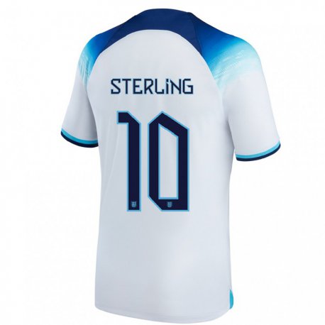 Kandiny Hombre Camiseta Inglaterra Raheem Sterling #10 Blanco Azul 1ª Equipación 22-24 La Camisa Chile
