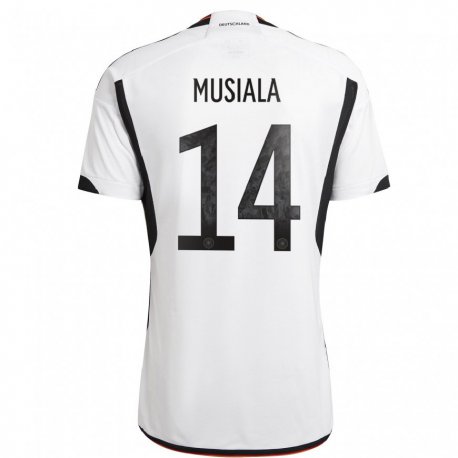 Kandiny Hombre Camiseta Alemania Jamal Musiala #14 Blanco Negro 1ª Equipación 22-24 La Camisa Chile