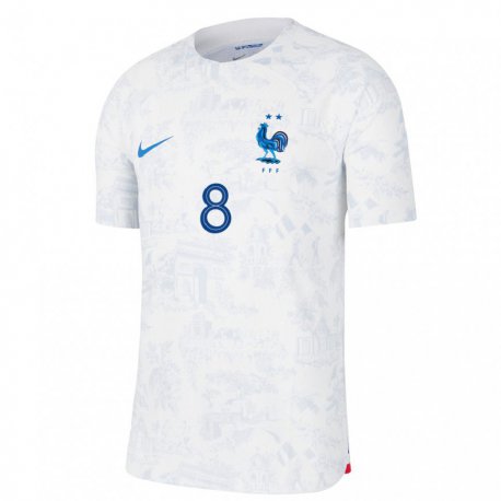 Kandiny Hombre Camiseta Francia Aurelien Tchouameni #8 Blanco Azul 2ª Equipación 22-24 La Camisa Chile