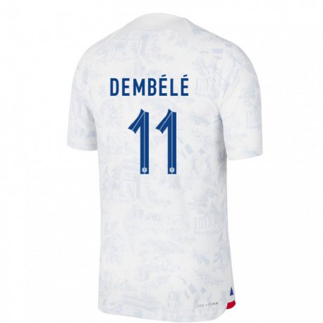 Kandiny Hombre Camiseta Francia Ousmane Dembele #11 Blanco Azul 2ª Equipación 22-24 La Camisa Chile