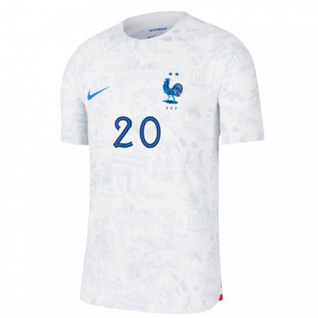 Kandiny Hombre Camiseta Francia Randal Kolo Muani #20 Blanco Azul 2ª Equipación 22-24 La Camisa Chile