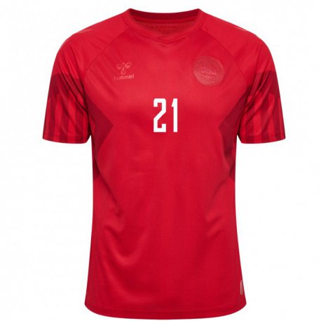 Kandiny Mujer Camiseta Dinamarca Alexander Bah #21 Rojo 1ª Equipación 22-24 La Camisa Chile