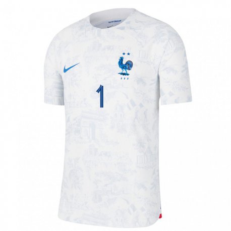 Kandiny Mujer Camiseta Francia Hugo Lloris #1 Blanco Azul 2ª Equipación 22-24 La Camisa Chile