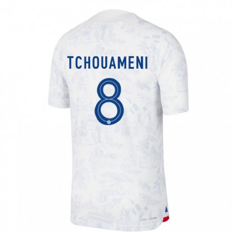 Kandiny Mujer Camiseta Francia Aurelien Tchouameni #8 Blanco Azul 2ª Equipación 22-24 La Camisa Chile