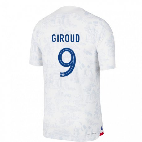 Kandiny Mujer Camiseta Francia Olivier Giroud #9 Blanco Azul 2ª Equipación 22-24 La Camisa Chile