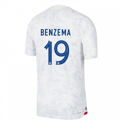 Kandiny Mujer Camiseta Francia Karim Benzema #19 Blanco Azul 2ª Equipación 22-24 La Camisa Chile