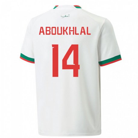 Kandiny Mujer Camiseta Marruecos Zakaria Aboukhlal #14 Blanco 2ª Equipación 22-24 La Camisa Chile