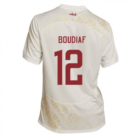 Kandiny Mujer Camiseta Catar Karim Boudiaf #12 Beis Dorado 2ª Equipación 22-24 La Camisa Chile