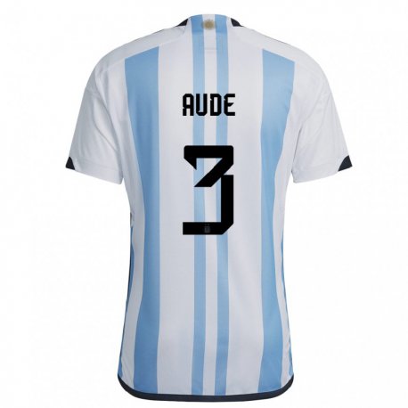 Kandiny Niño Camiseta Argentina Julian Aude #3 Blanco Cielo Azul 1ª Equipación 22-24 La Camisa Chile