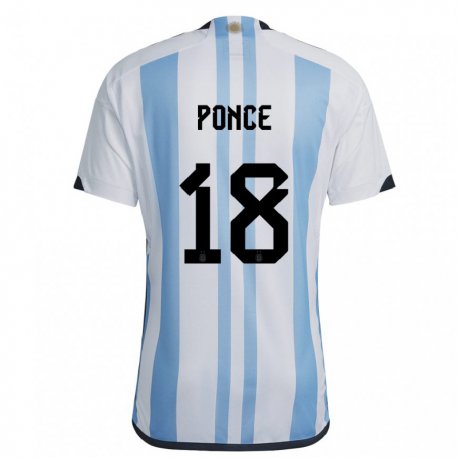 Kandiny Niño Camiseta Argentina Ezequiel Ponce #18 Blanco Cielo Azul 1ª Equipación 22-24 La Camisa Chile