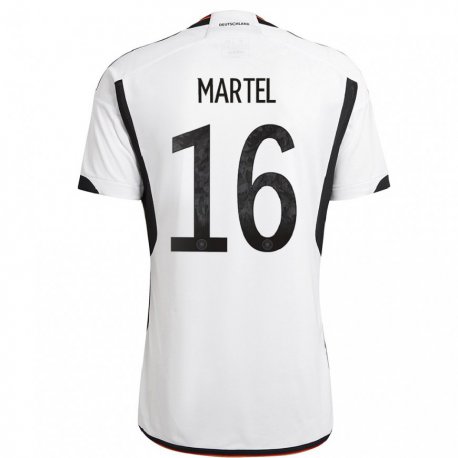 Kandiny Niño Camiseta Alemania Eric Martel #16 Blanco Negro 1ª Equipación 22-24 La Camisa Chile