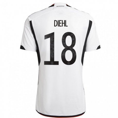 Kandiny Niño Camiseta Alemania Justin Diehl #18 Blanco Negro 1ª Equipación 22-24 La Camisa Chile