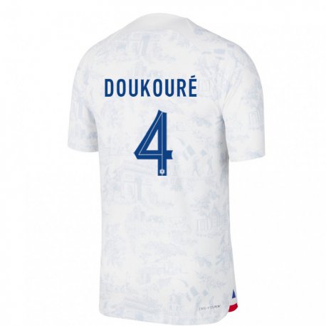 Kandiny Niño Camiseta Francia Ismael Doukoure #4 Blanco Azul 2ª Equipación 22-24 La Camisa Chile