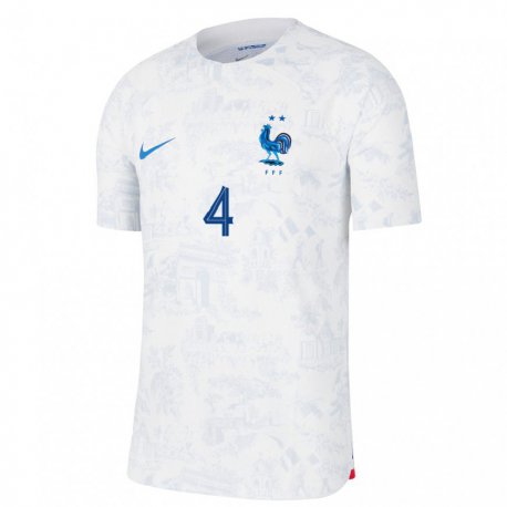 Kandiny Hombre Camiseta Francia Ismael Doukoure #4 Blanco Azul 2ª Equipación 22-24 La Camisa Chile