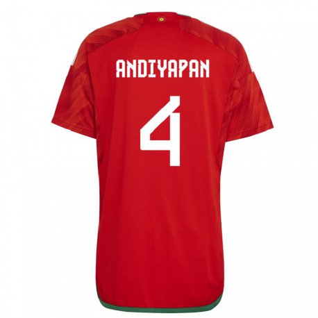 Kandiny Mujer Camiseta Gales William Andiyapan #4 Rojo 1ª Equipación 22-24 La Camisa Chile