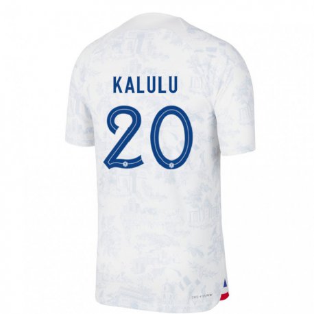 Kandiny Mujer Camiseta Francia Pierre Kalulu #20 Blanco Azul 2ª Equipación 22-24 La Camisa Chile