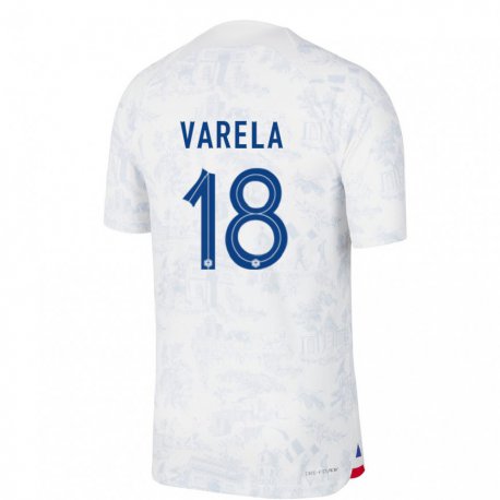 Kandiny Mujer Camiseta Francia Jordan Varela #18 Blanco Azul 2ª Equipación 22-24 La Camisa Chile
